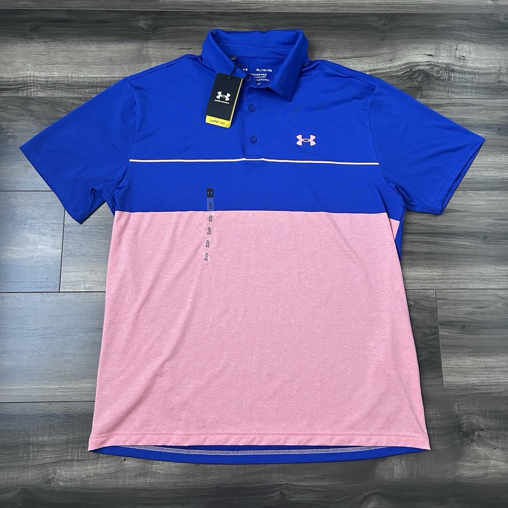 Under Armour Playoff Polo Golf Shirt Color Block Blue Pink Men's XL New